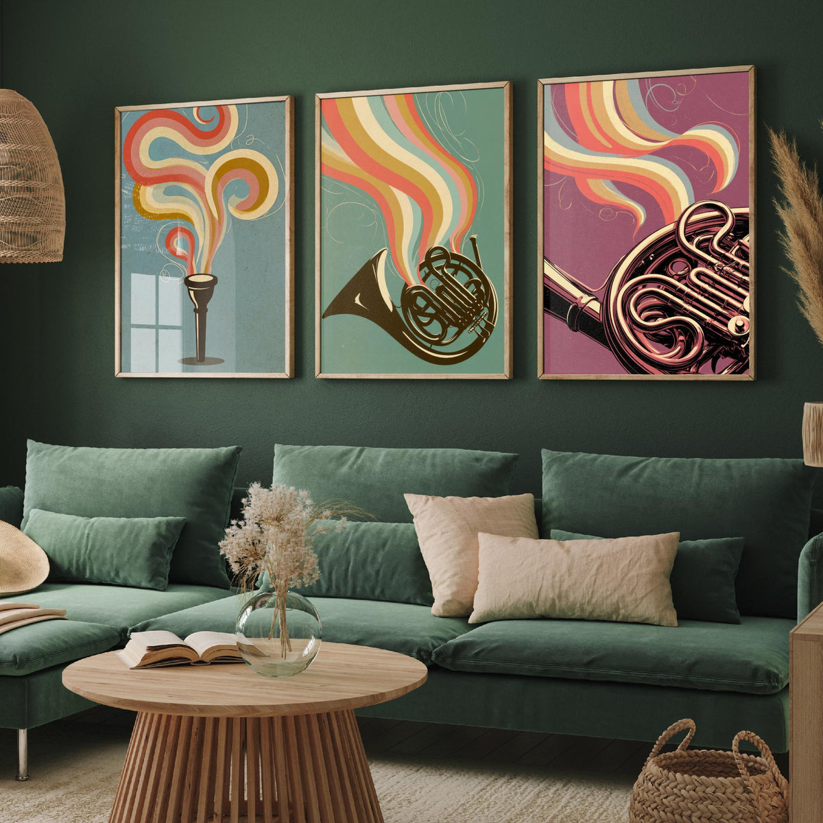 French Horn Set of Three Art Prints - Mouthpiece, Horn and Brass Coils - Rainbow Orchestra Poster Illustration