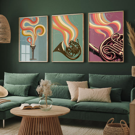 French Horn Set of Three Art Prints - Mouthpiece, Horn and Brass Coils - Rainbow Orchestra Poster Illustration