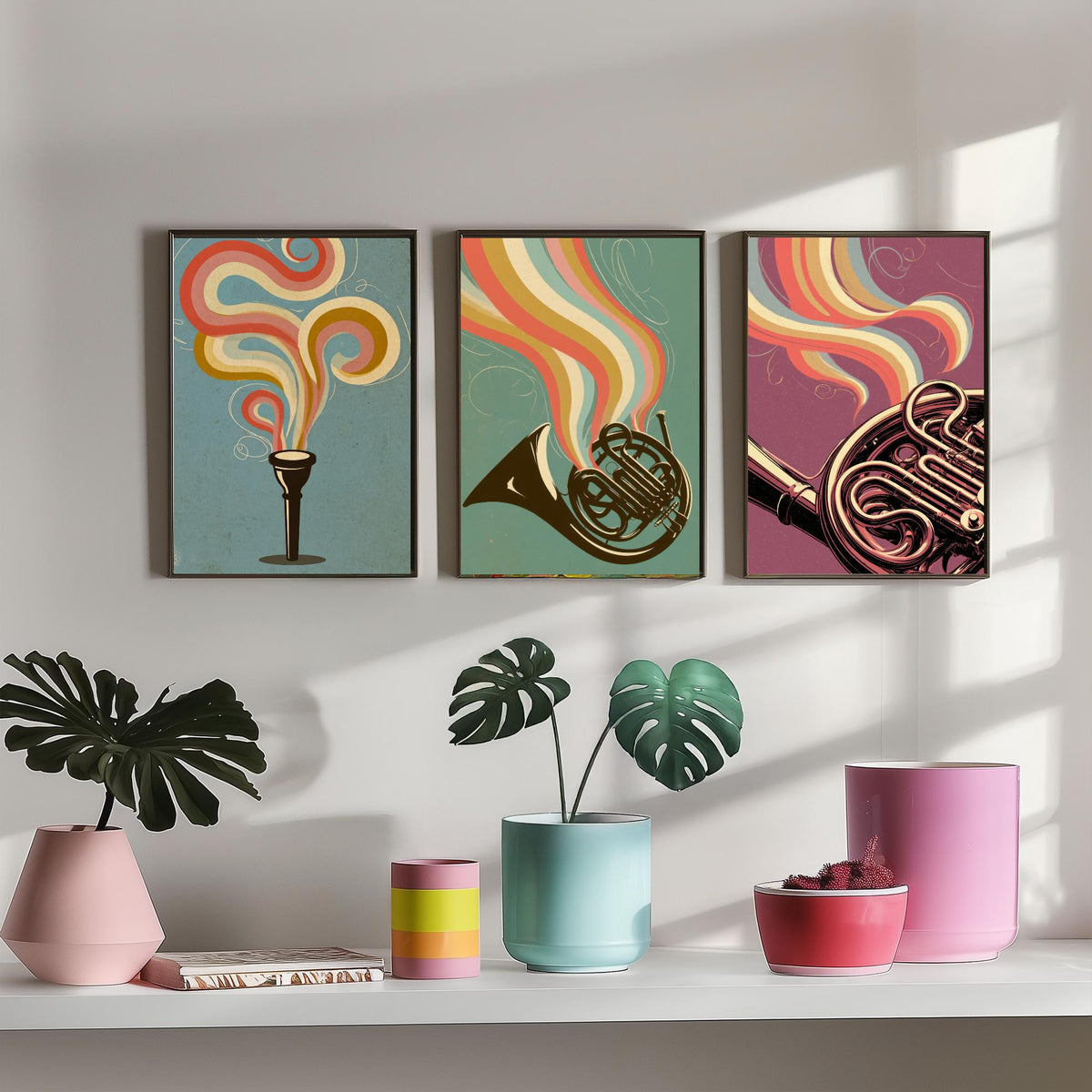 French Horn Set of Three Art Prints - Mouthpiece, Horn and Brass Coils - Rainbow Orchestra Poster Illustration