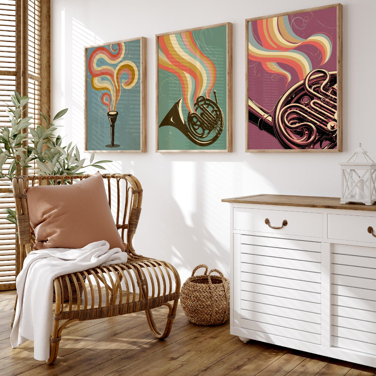 French Horn Set of Three Art Prints - Mouthpiece, Horn and Brass Coils - Rainbow Orchestra Poster Illustration