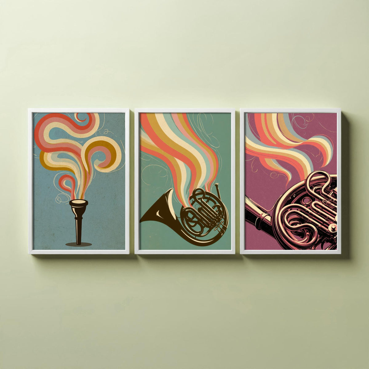 French Horn Set of Three Art Prints - Mouthpiece, Horn and Brass Coils - Rainbow Orchestra Poster Illustration
