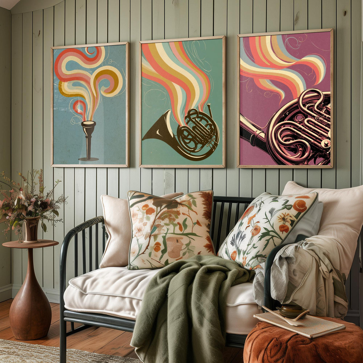 French Horn Set of Three Art Prints - Mouthpiece, Horn and Brass Coils - Rainbow Orchestra Poster Illustration