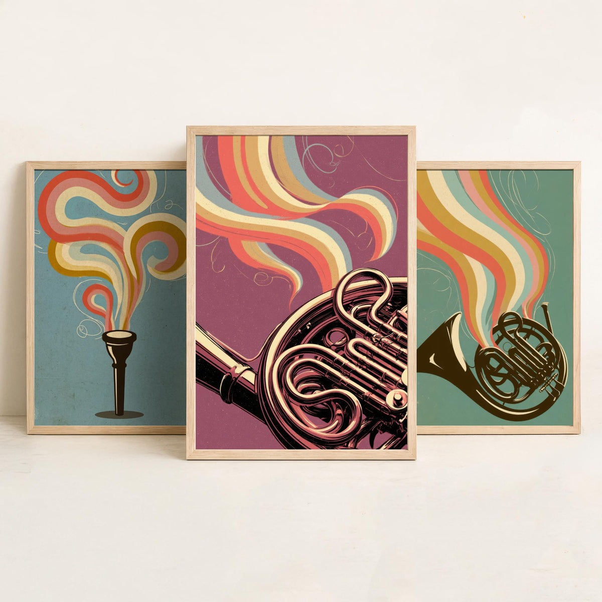 French Horn Set of Three Art Prints - Mouthpiece, Horn and Brass Coils - Rainbow Orchestra Poster Illustration