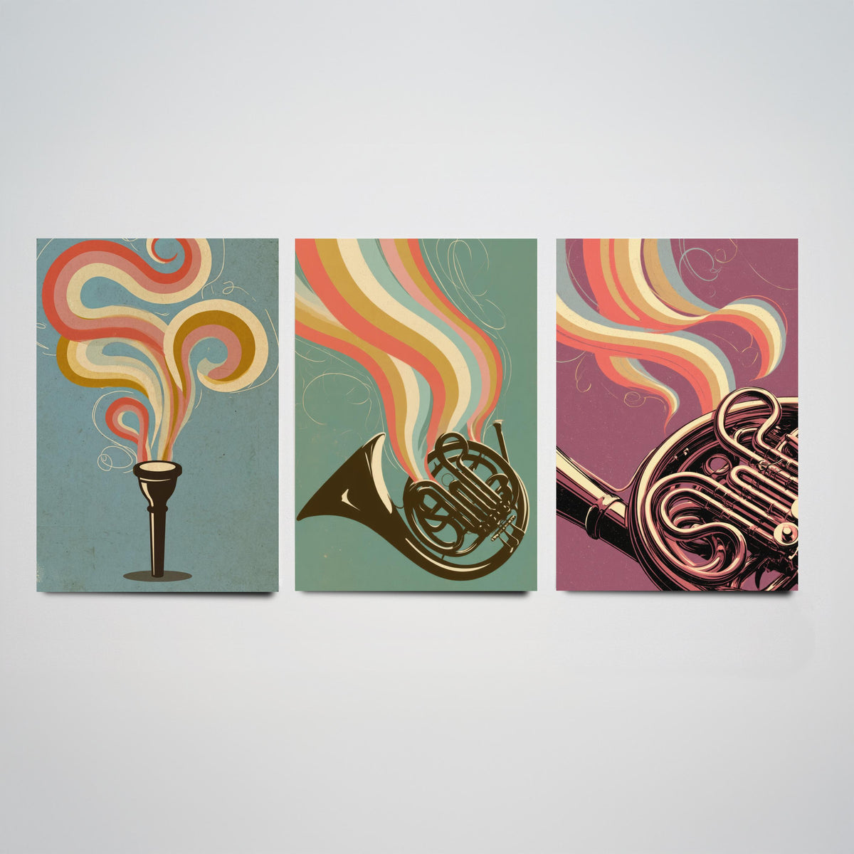 French Horn Set of Three Art Prints - Mouthpiece, Horn and Brass Coils - Rainbow Orchestra Poster Illustration