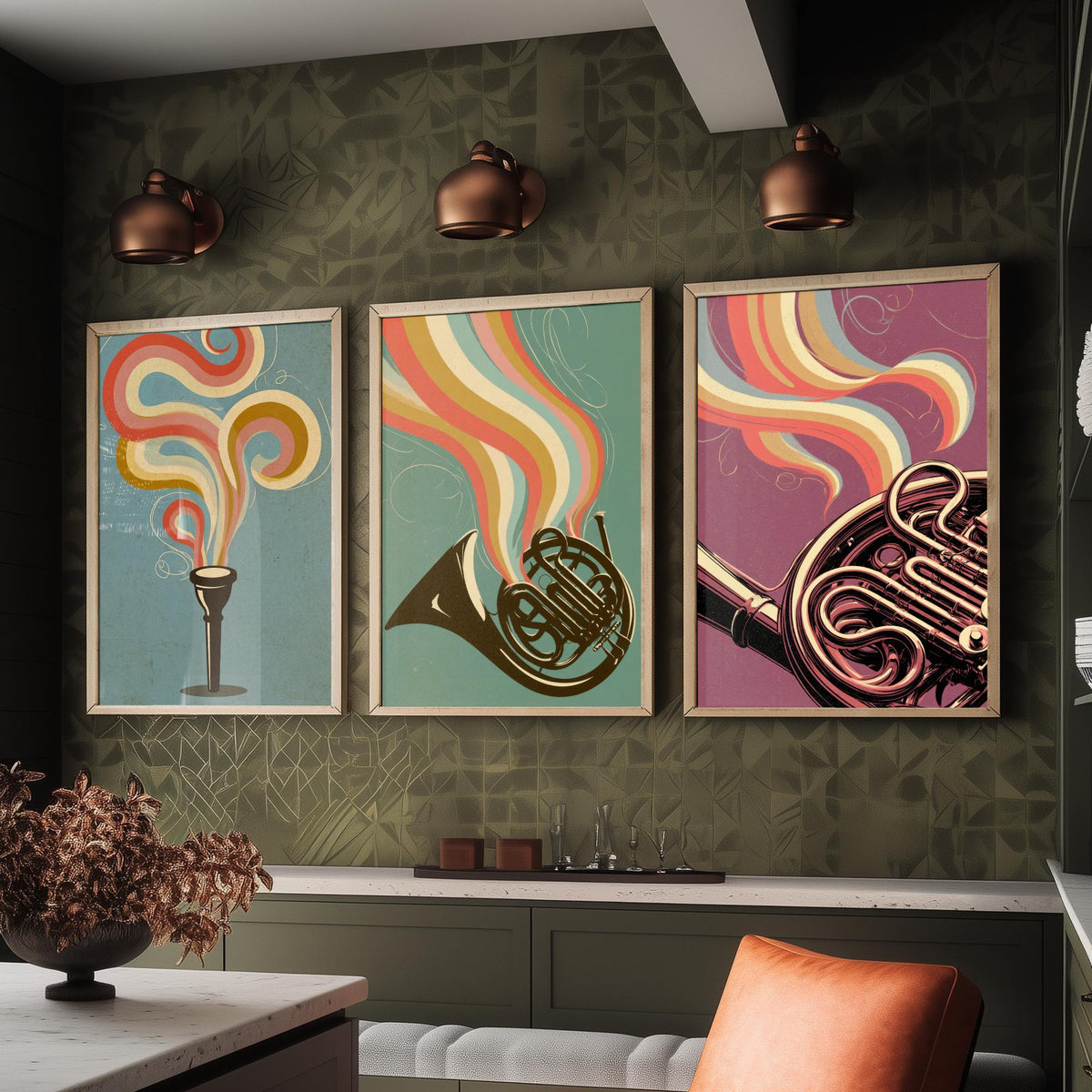 French Horn Set of Three Art Prints - Mouthpiece, Horn and Brass Coils - Rainbow Orchestra Poster Illustration