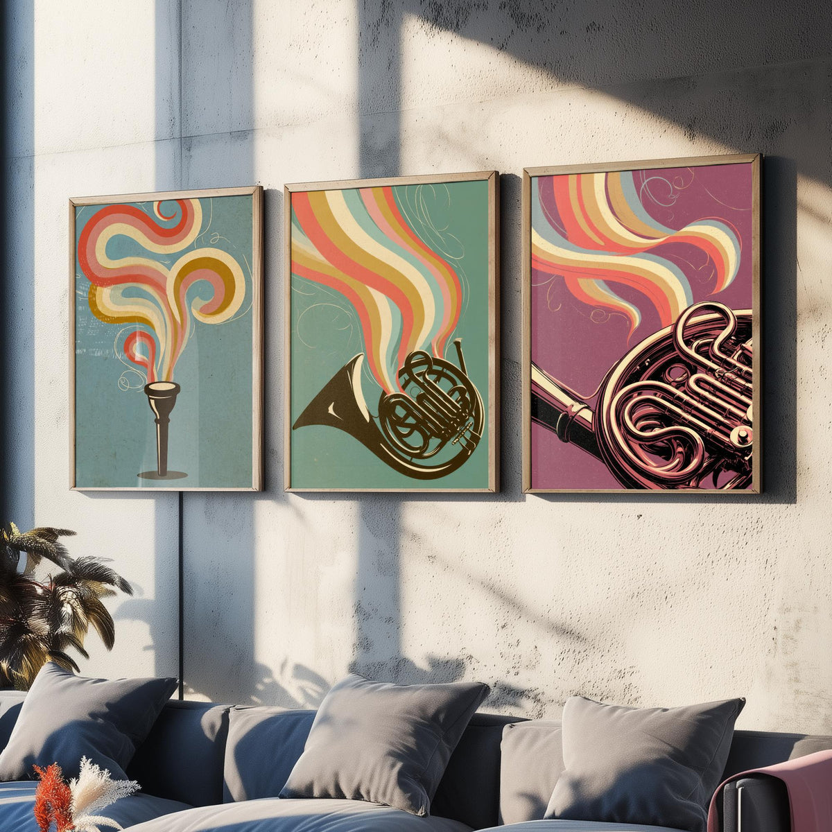 French Horn Set of Three Art Prints - Mouthpiece, Horn and Brass Coils - Rainbow Orchestra Poster Illustration