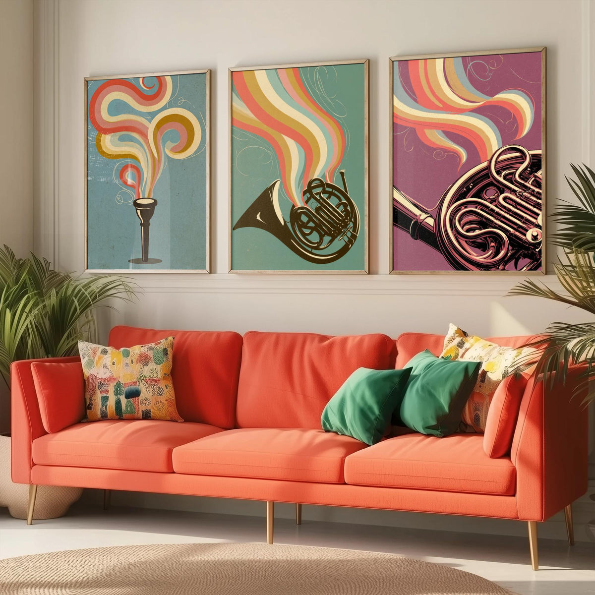 French Horn Set of Three Art Prints - Mouthpiece, Horn and Brass Coils - Rainbow Orchestra Poster Illustration
