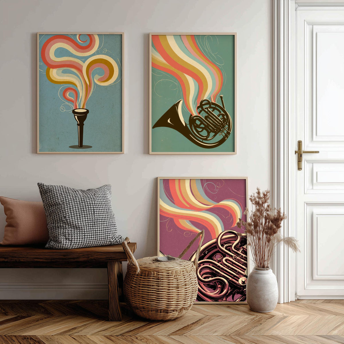 French Horn Set of Three Art Prints - Mouthpiece, Horn and Brass Coils - Rainbow Orchestra Poster Illustration