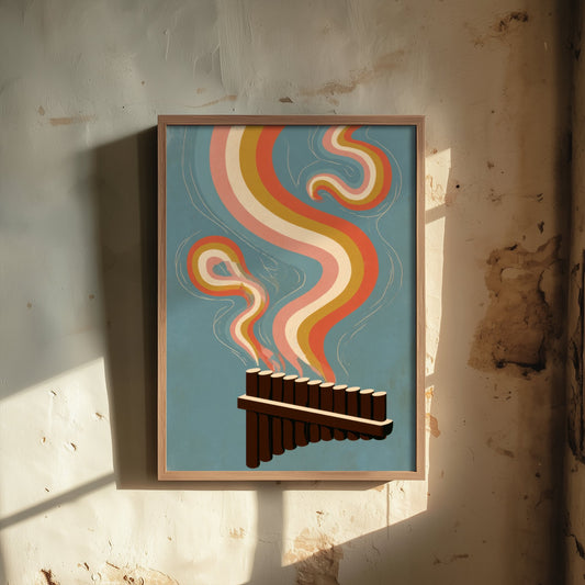 Pan Flute Art Print - Wooden Pan Pipes Poster - Dusty Blue Rainbow Folk Illustration 1/3