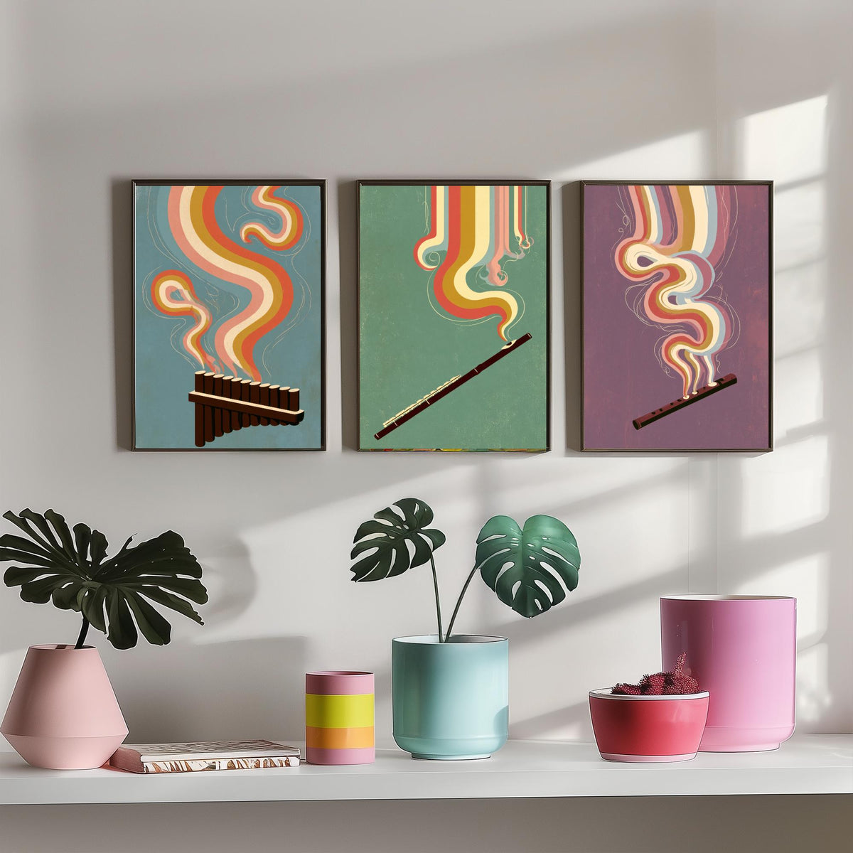 Pan Flute, Flute and Tin Whistle Set of Three Art Prints - Rainbow Woodwind Poster - Retro Folk Music Illustration