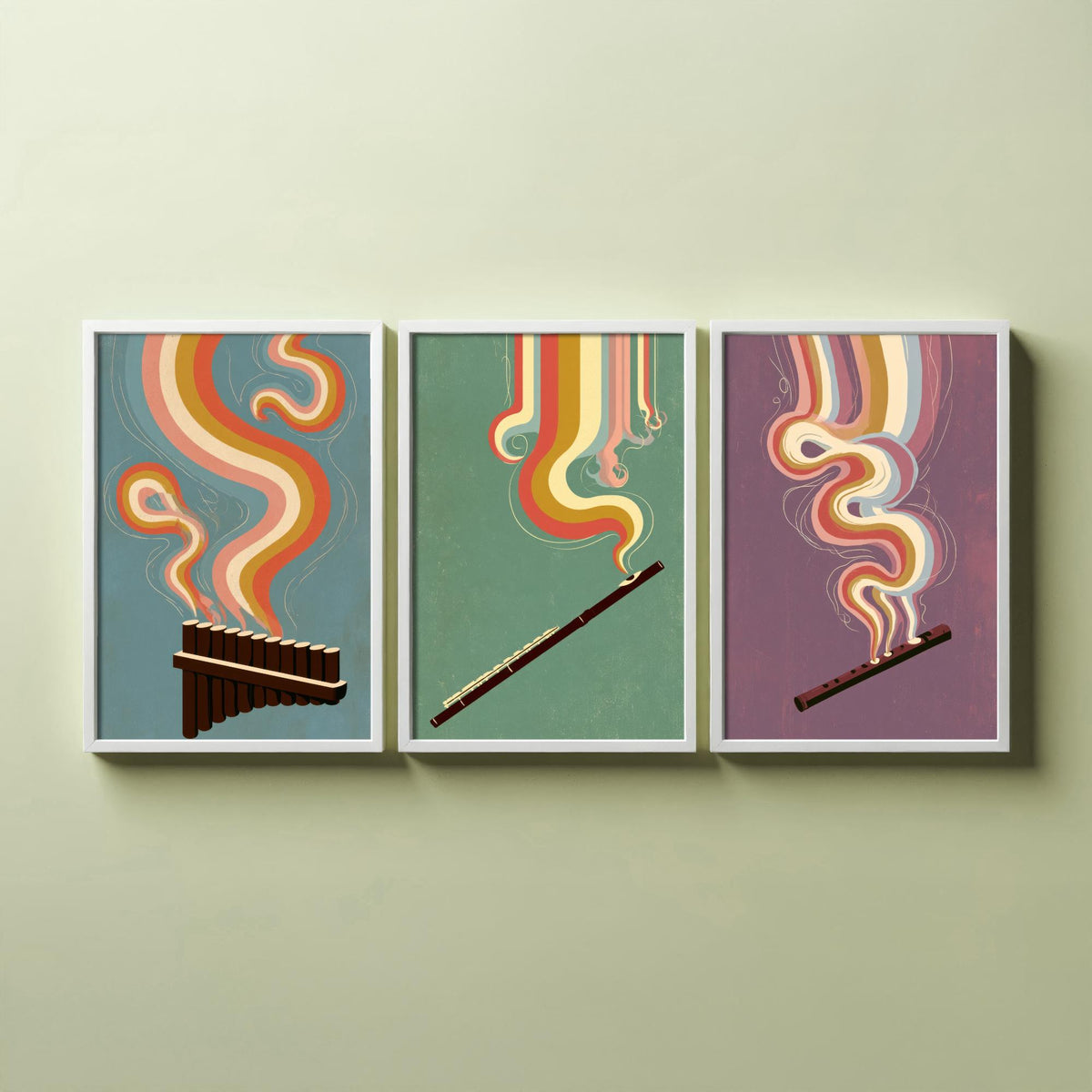 Pan Flute, Flute and Tin Whistle Set of Three Art Prints - Rainbow Woodwind Poster - Retro Folk Music Illustration