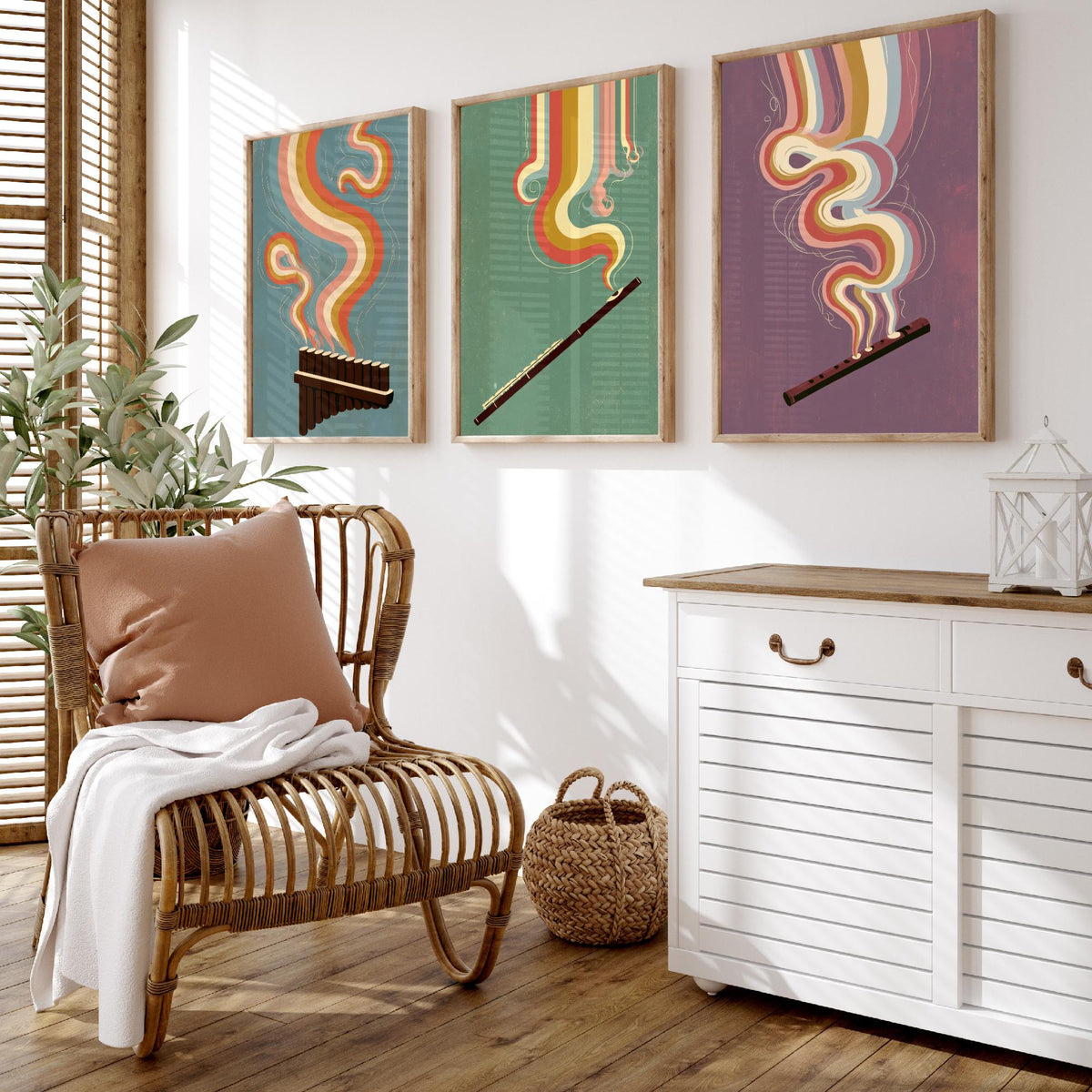 Pan Flute, Flute and Tin Whistle Set of Three Art Prints - Rainbow Woodwind Poster - Retro Folk Music Illustration