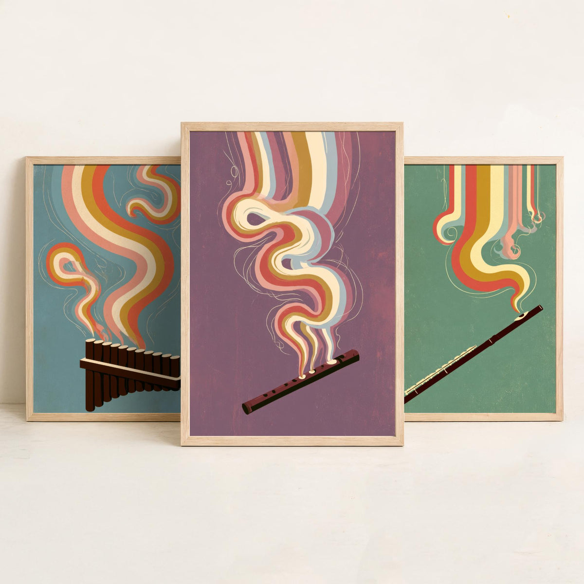 Pan Flute, Flute and Tin Whistle Set of Three Art Prints - Rainbow Woodwind Poster - Retro Folk Music Illustration