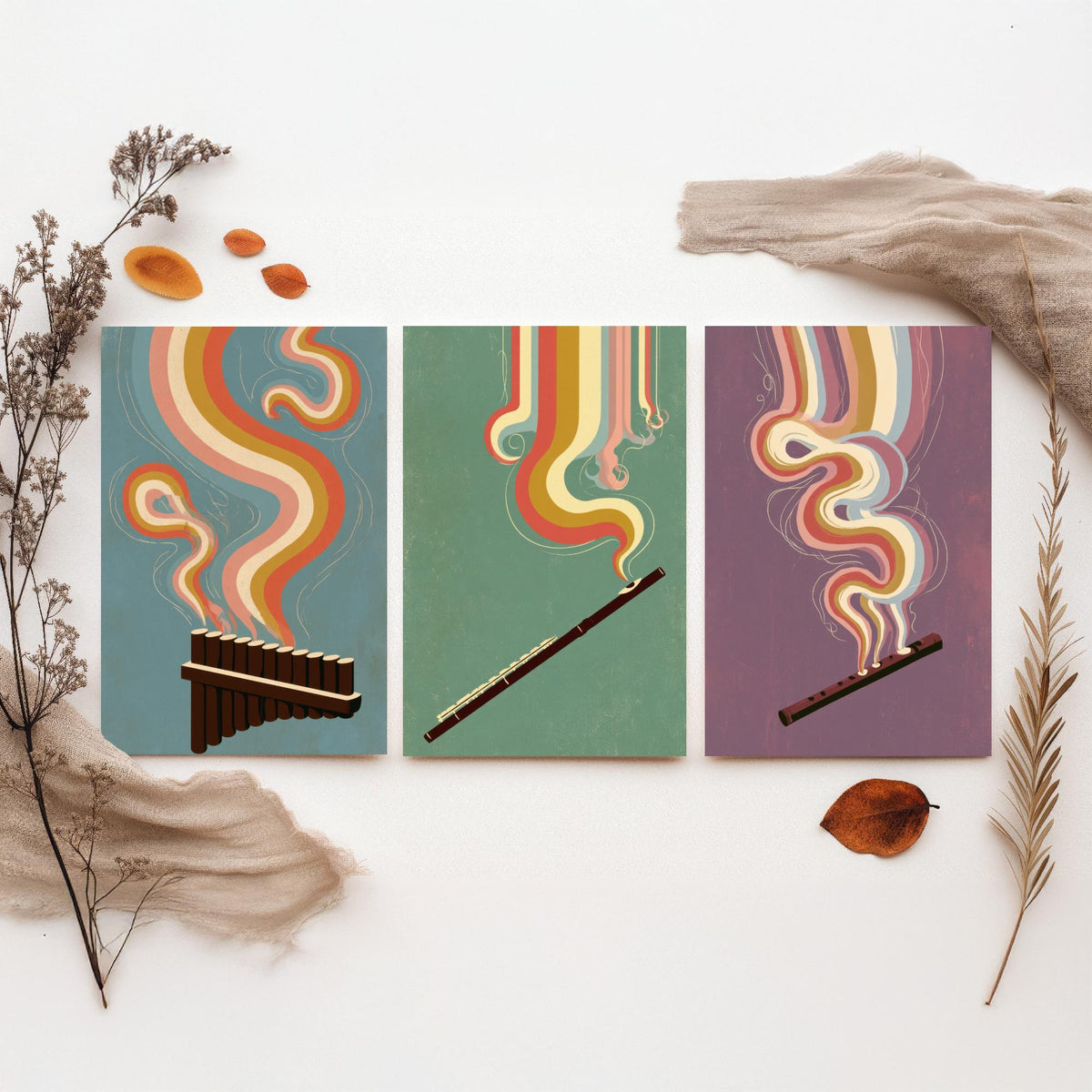 Pan Flute, Flute and Tin Whistle Set of Three Art Prints - Rainbow Woodwind Poster - Retro Folk Music Illustration