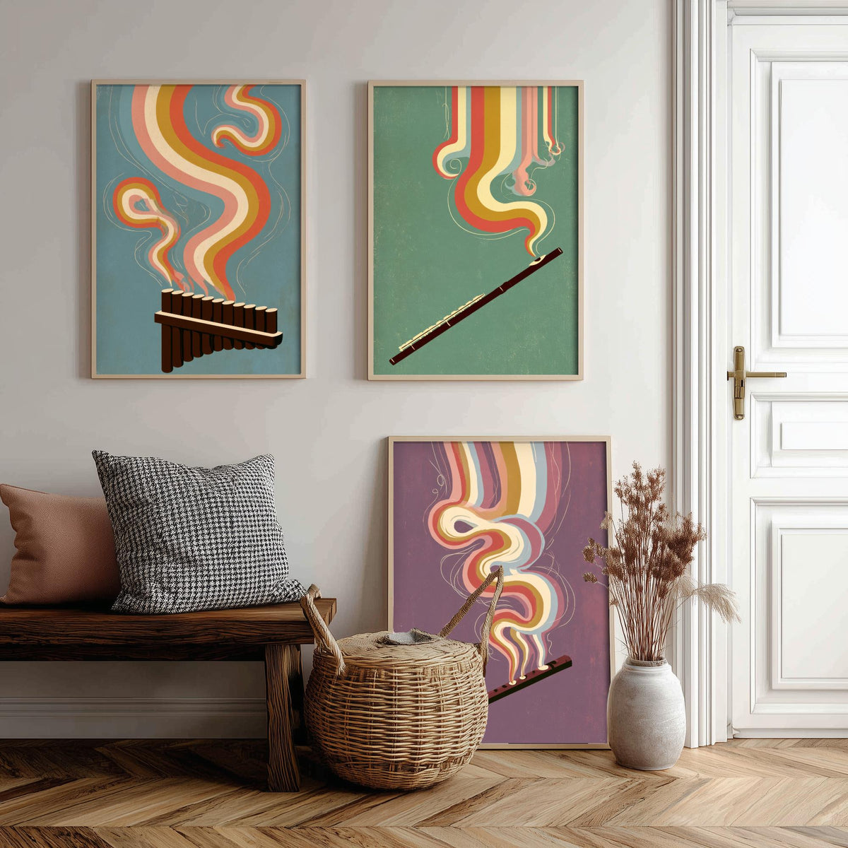 Pan Flute, Flute and Tin Whistle Set of Three Art Prints - Rainbow Woodwind Poster - Retro Folk Music Illustration