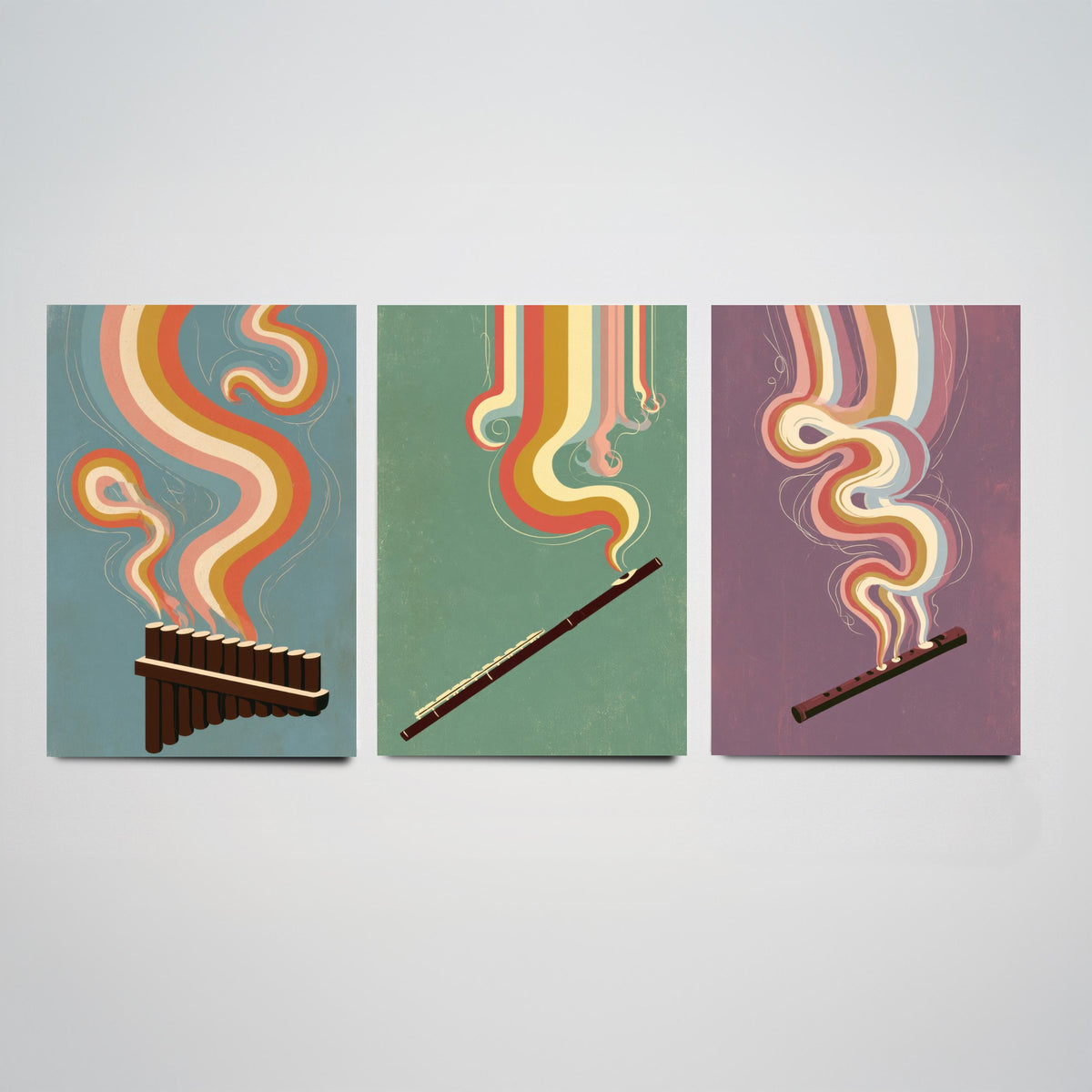 Pan Flute, Flute and Tin Whistle Set of Three Art Prints - Rainbow Woodwind Poster - Retro Folk Music Illustration