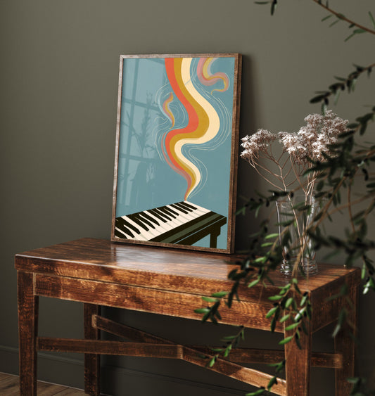 Piano Keys Art Print - Rainbow Swirl Music Poster - Retro 70s Keyboard Illustration 1/3