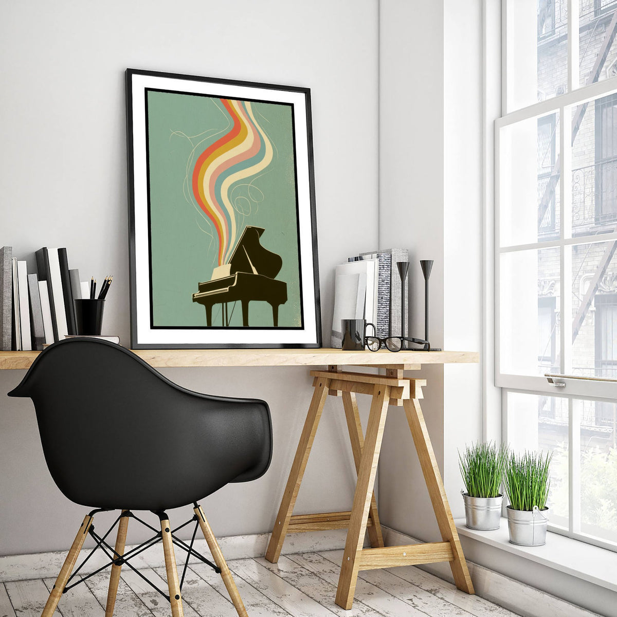 Grand Piano Art Print - Rainbow Music Poster - Mid Century Pianist Illustration 2/3