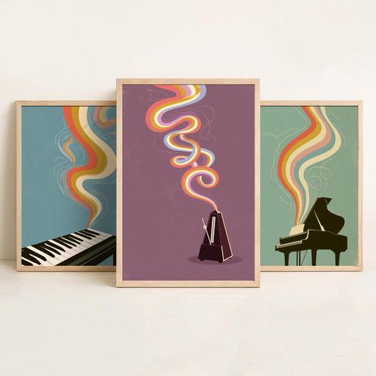 Piano Keys, Grand Piano and Metronome Set of Three Art Prints - Rainbow Instrument Music Poster - Retro 70s Illustration