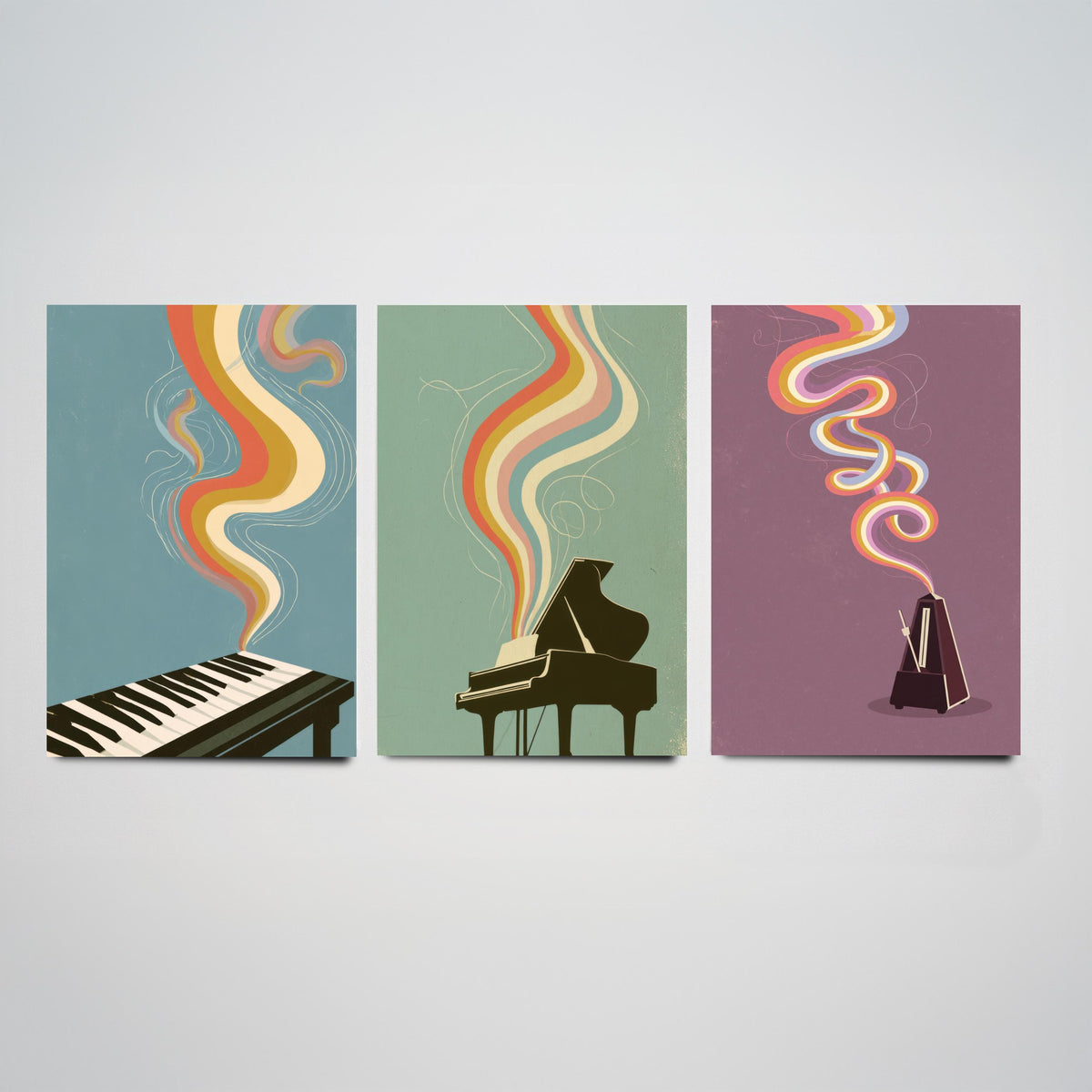 Piano Keys, Grand Piano and Metronome Set of Three Art Prints - Rainbow Instrument Music Poster - Retro 70s Illustration