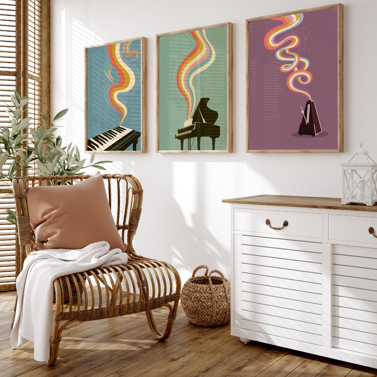 Piano Keys, Grand Piano and Metronome Set of Three Art Prints - Rainbow Instrument Music Poster - Retro 70s Illustration