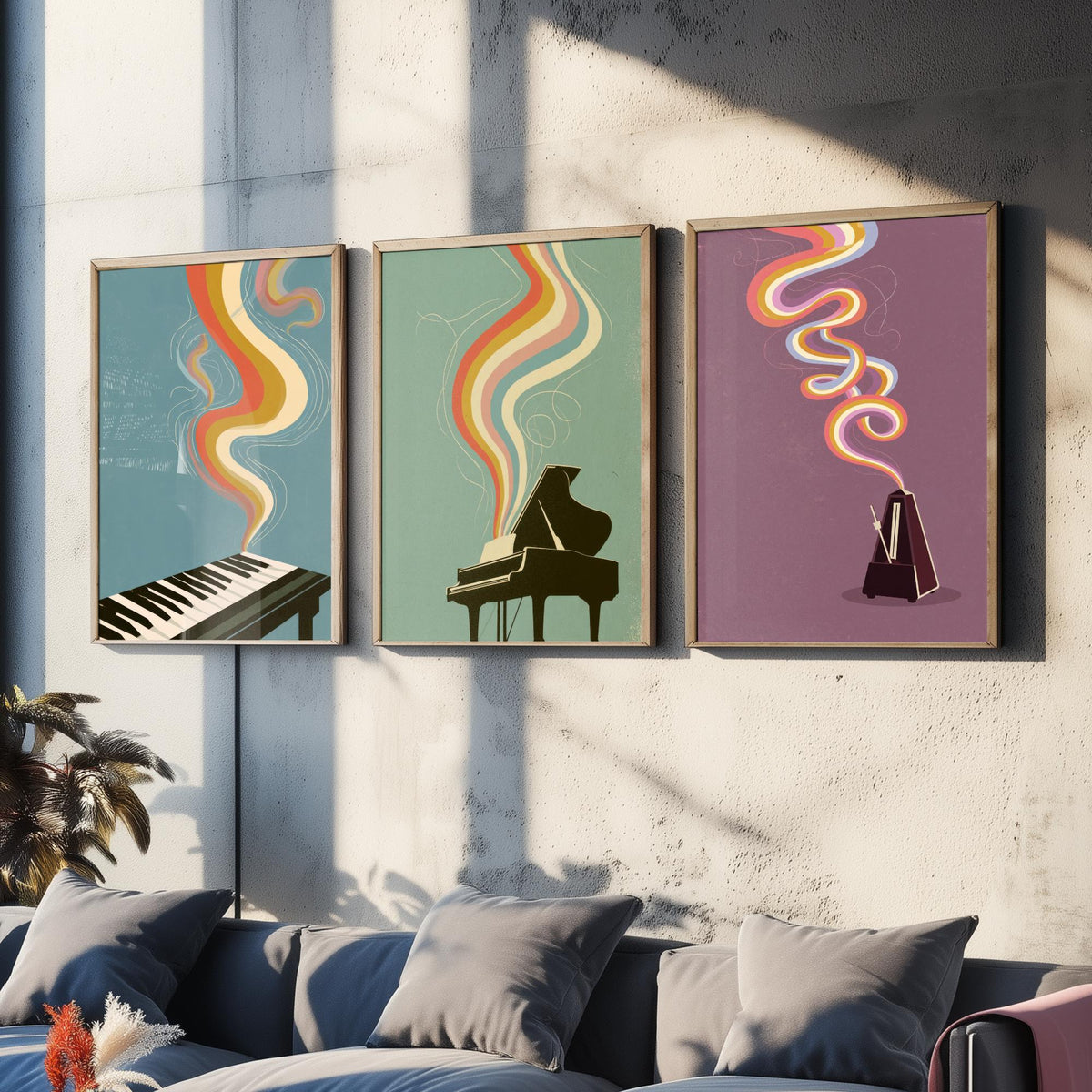 Piano Keys, Grand Piano and Metronome Set of Three Art Prints - Rainbow Instrument Music Poster - Retro 70s Illustration