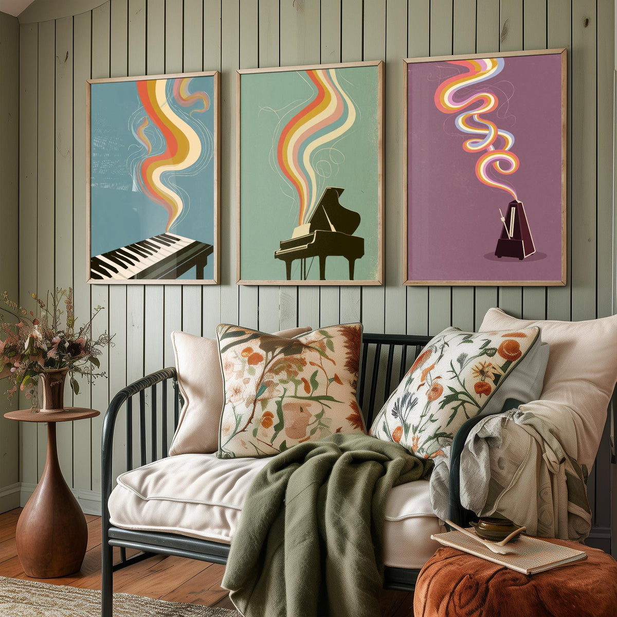 Piano Keys, Grand Piano and Metronome Set of Three Art Prints - Rainbow Instrument Music Poster - Retro 70s Illustration
