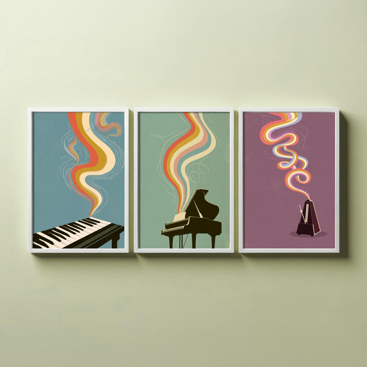 Piano Keys, Grand Piano and Metronome Set of Three Art Prints - Rainbow Instrument Music Poster - Retro 70s Illustration
