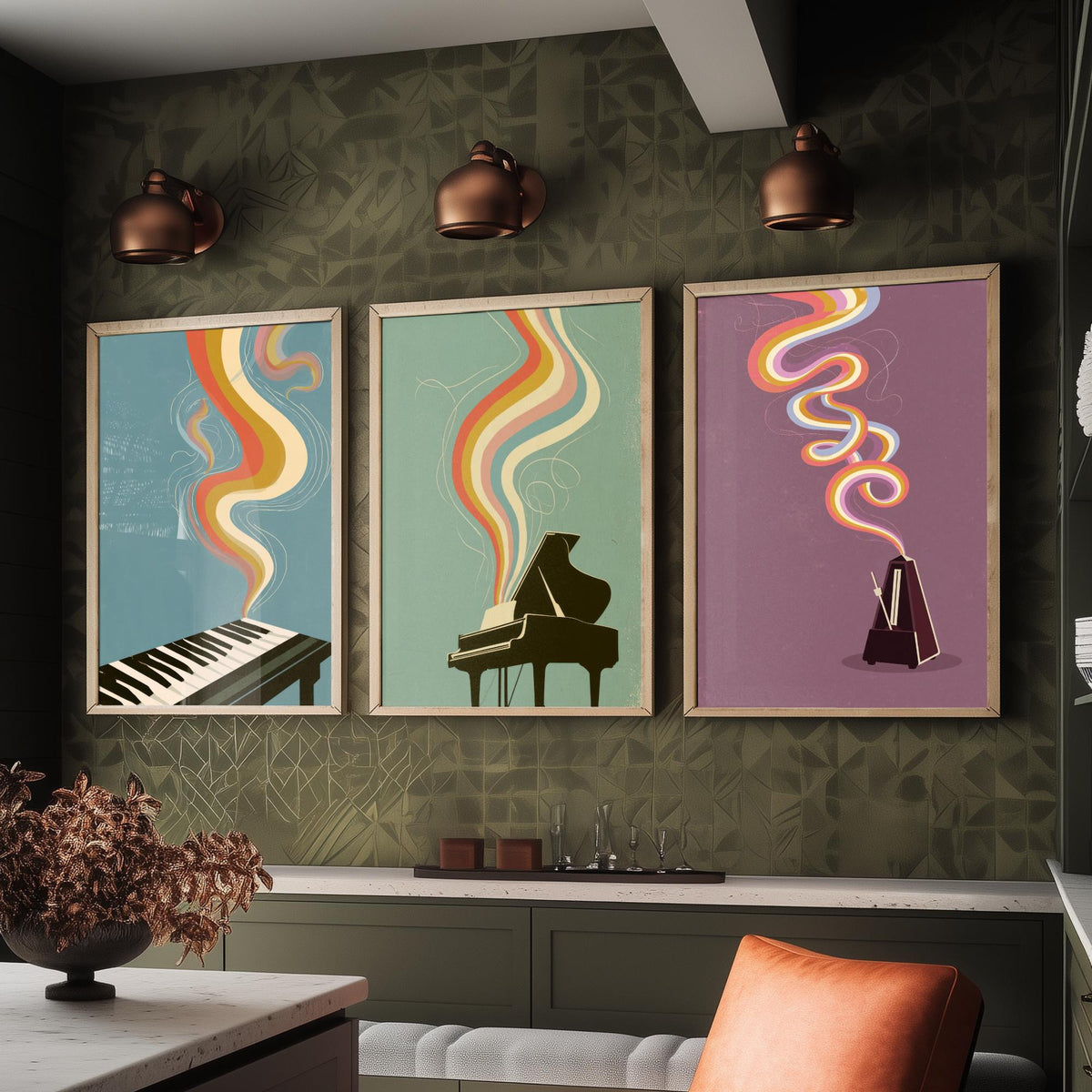 Piano Keys, Grand Piano and Metronome Set of Three Art Prints - Rainbow Instrument Music Poster - Retro 70s Illustration