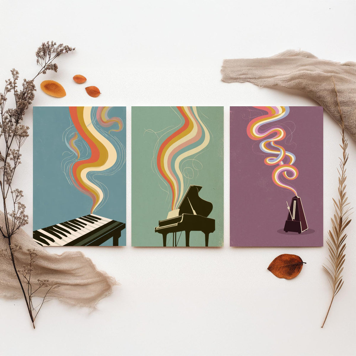 Piano Keys, Grand Piano and Metronome Set of Three Art Prints - Rainbow Instrument Music Poster - Retro 70s Illustration