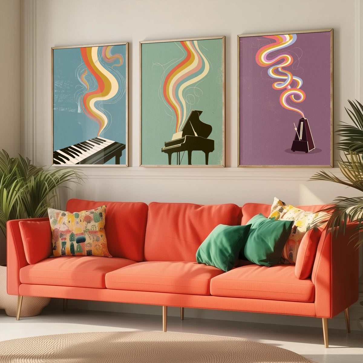 Piano Keys, Grand Piano and Metronome Set of Three Art Prints - Rainbow Instrument Music Poster - Retro 70s Illustration