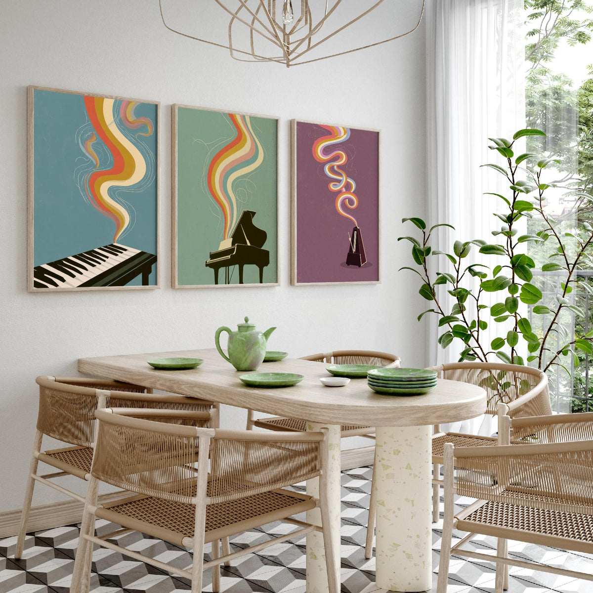 Piano Keys, Grand Piano and Metronome Set of Three Art Prints - Rainbow Instrument Music Poster - Retro 70s Illustration
