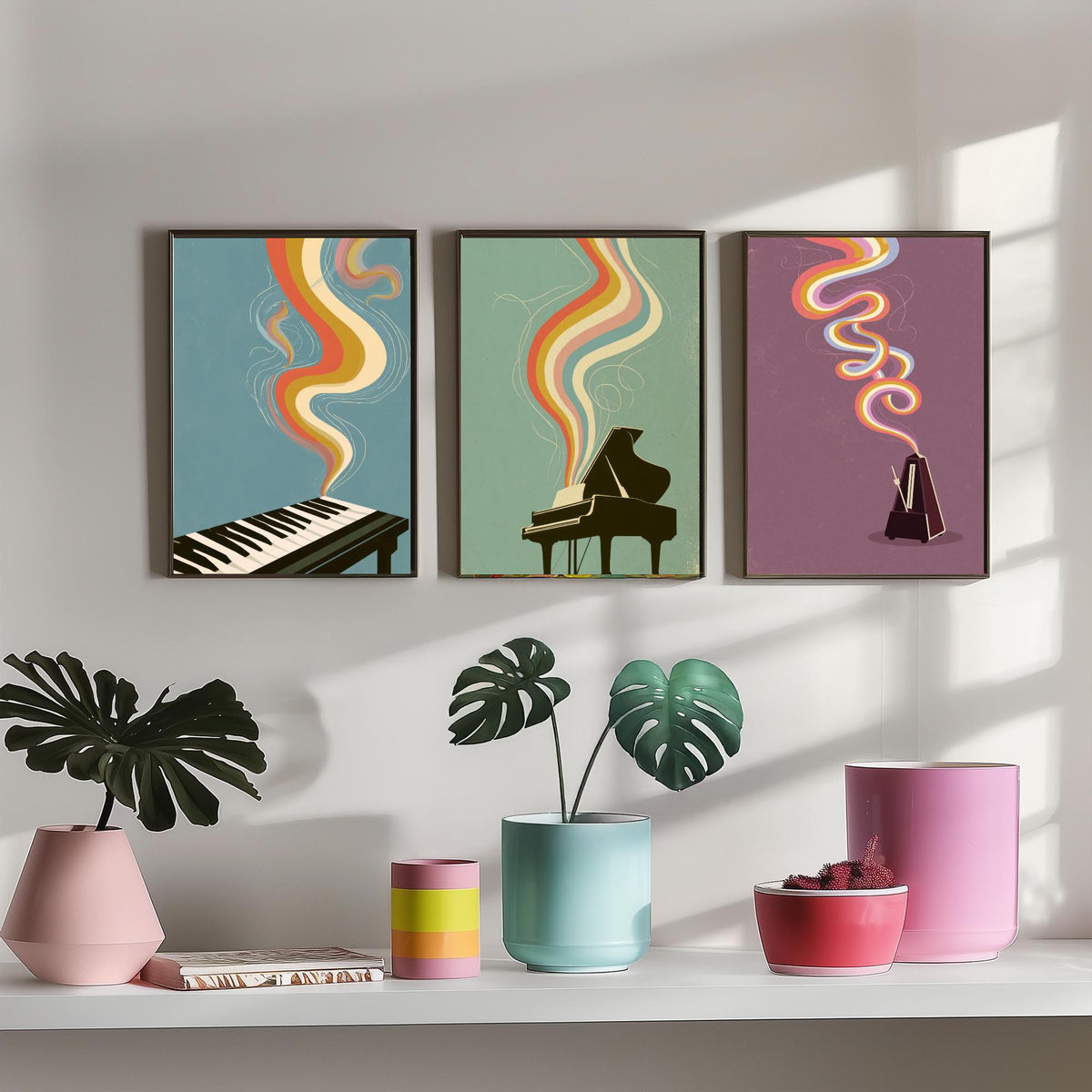 Piano Keys, Grand Piano and Metronome Set of Three Art Prints - Rainbow Instrument Music Poster - Retro 70s Illustration