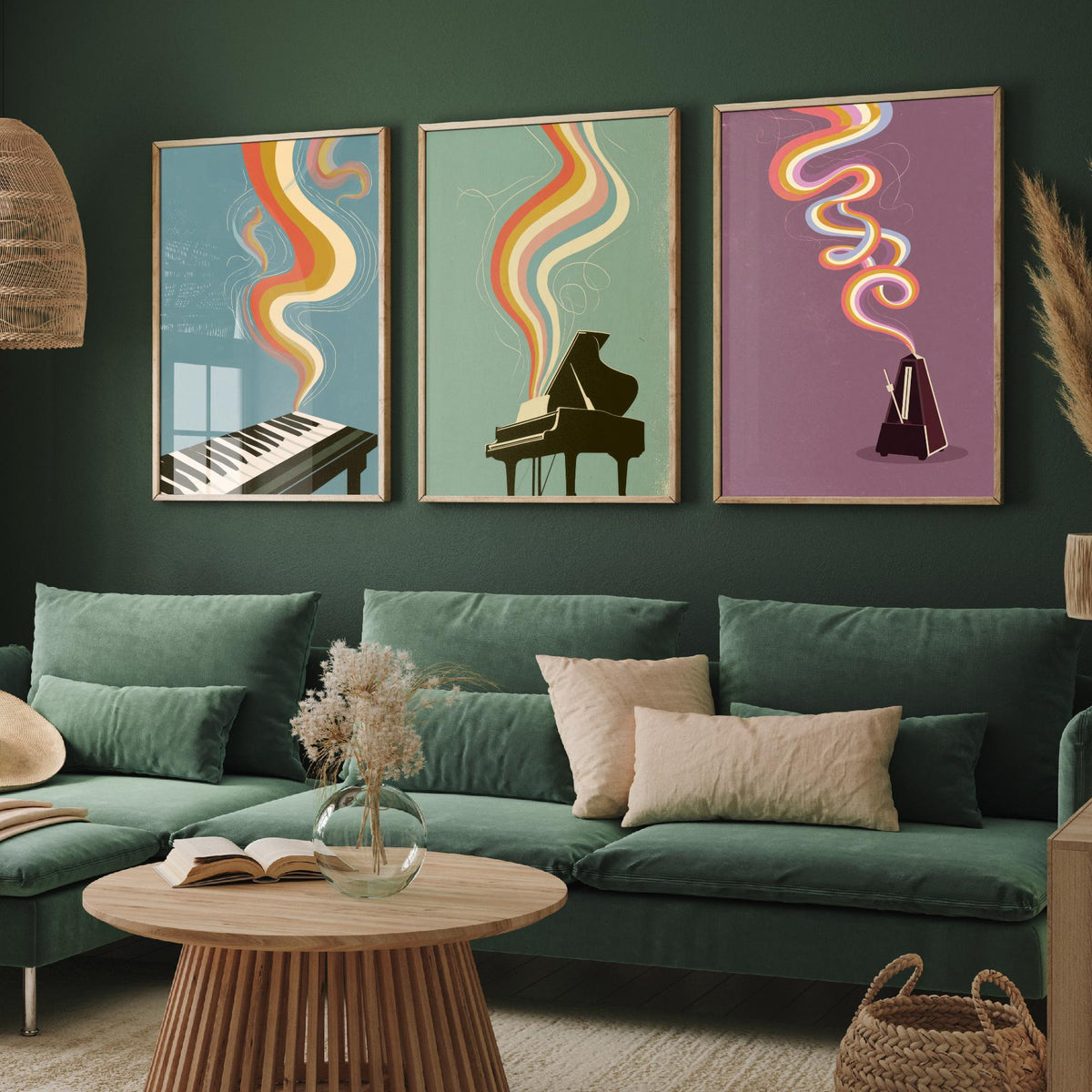 Piano Keys, Grand Piano and Metronome Set of Three Art Prints - Rainbow Instrument Music Poster - Retro 70s Illustration