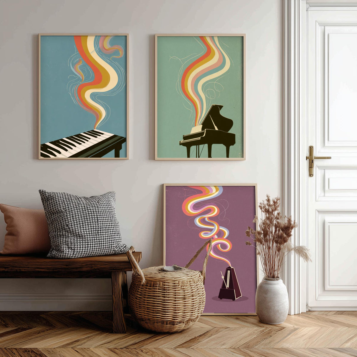 Piano Keys, Grand Piano and Metronome Set of Three Art Prints - Rainbow Instrument Music Poster - Retro 70s Illustration