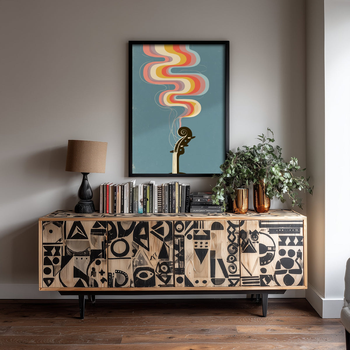 Violin Scroll Art Print - Rainbow Strings Poster - Seventies Fiddle Pegbox Illustration 1/3