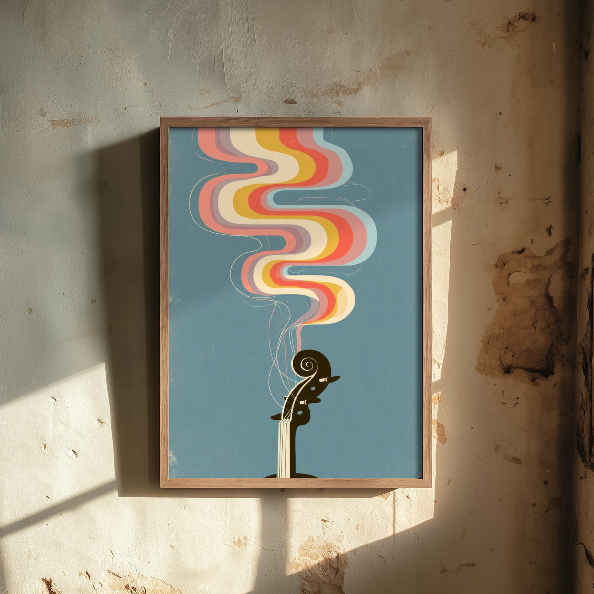 Violin Scroll Art Print - Rainbow Strings Poster - Seventies Fiddle Pegbox Illustration 1/3