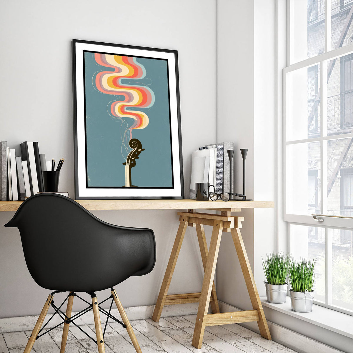 Violin Scroll Art Print - Rainbow Strings Poster - Seventies Fiddle Pegbox Illustration 1/3
