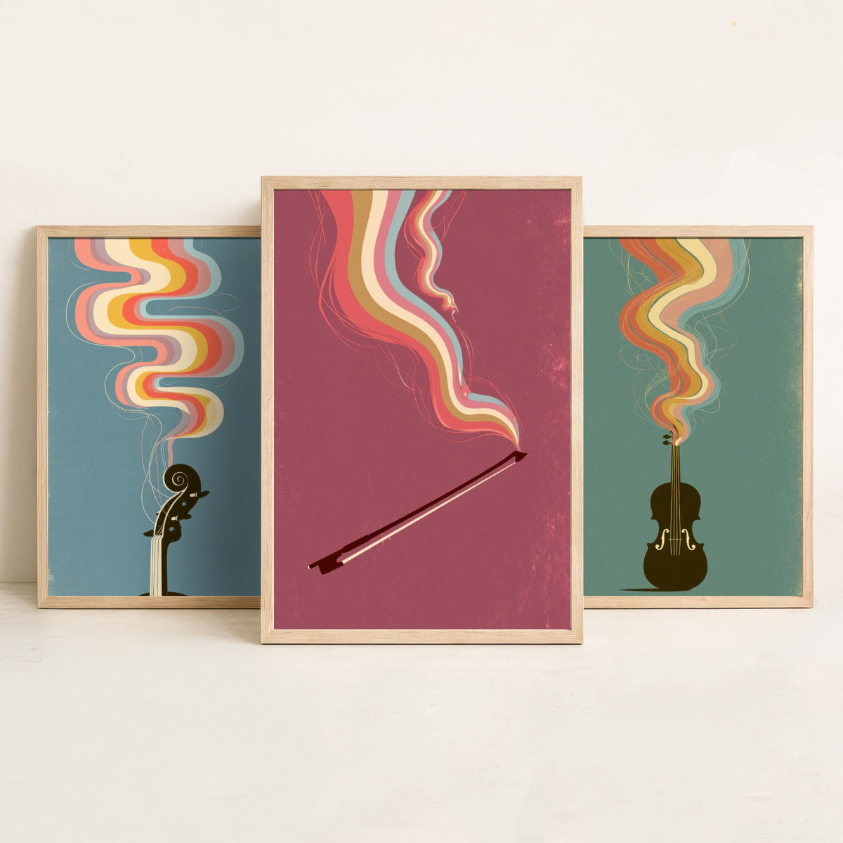 Violin Scroll and Pegs, Fiddle and Bow Set of Three Art Prints - Rainbow Strings Music Poster - 1970s Illustration