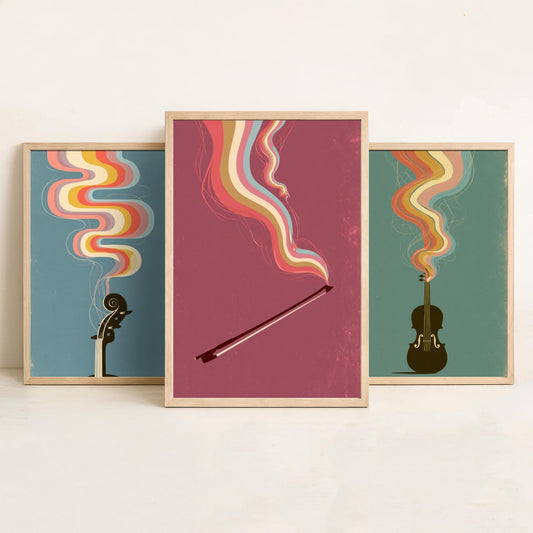Violin Scroll and Pegs, Fiddle and Bow Set of Three Art Prints - Rainbow Strings Music Poster - 1970s Illustration