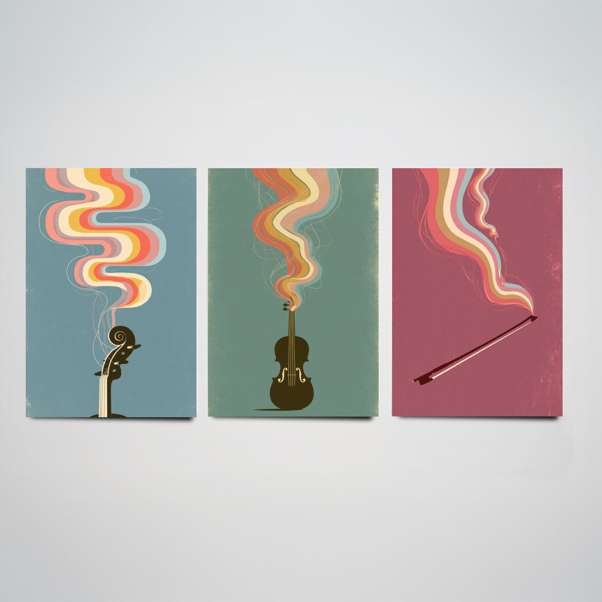 Violin Scroll and Pegs, Fiddle and Bow Set of Three Art Prints - Rainbow Strings Music Poster - 1970s Illustration