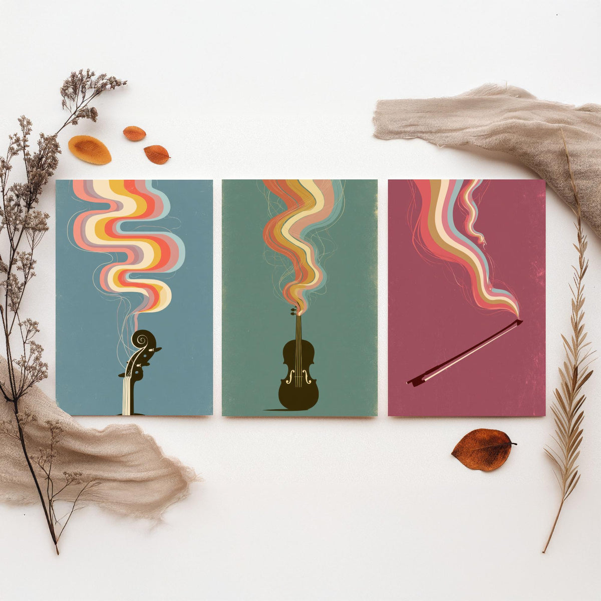 Violin Scroll and Pegs, Fiddle and Bow Set of Three Art Prints - Rainbow Strings Music Poster - 1970s Illustration