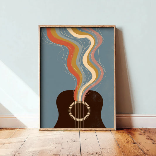 Acoustic Guitar Art Print - Sound Hole Rainbow Poster - Retro Folk Music Illustration 1/3