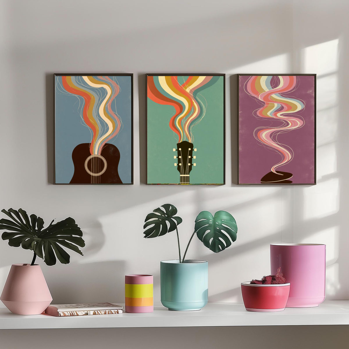 Acoustic Guitar Sound Hole, Headstock and Pick Set of Three Art Prints - Rainbow Guitar Poster - Retro Music Illustration