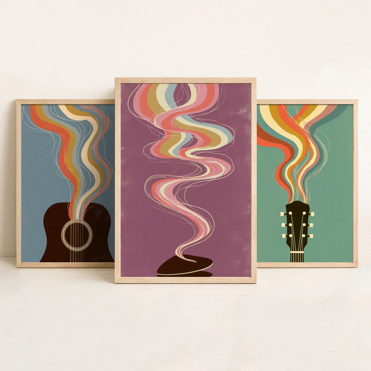 Acoustic Guitar Sound Hole, Headstock and Pick Set of Three Art Prints - Rainbow Guitar Poster - Retro Music Illustration