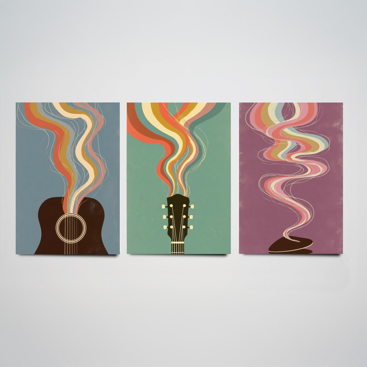 Acoustic Guitar Sound Hole, Headstock and Pick Set of Three Art Prints - Rainbow Guitar Poster - Retro Music Illustration