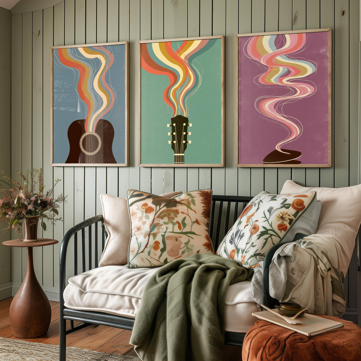 Acoustic Guitar Sound Hole, Headstock and Pick Set of Three Art Prints - Rainbow Guitar Poster - Retro Music Illustration