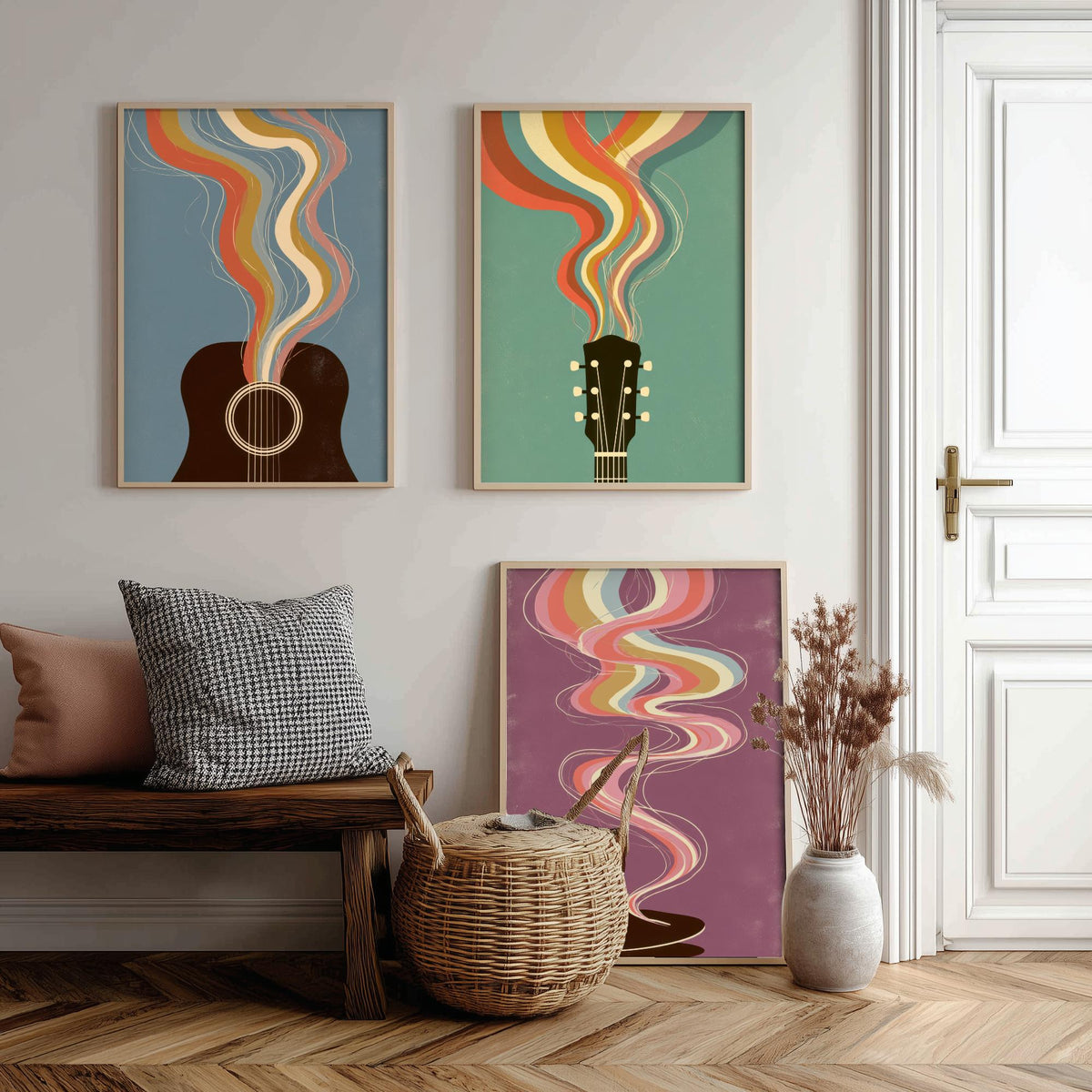 Acoustic Guitar Sound Hole, Headstock and Pick Set of Three Art Prints - Rainbow Guitar Poster - Retro Music Illustration