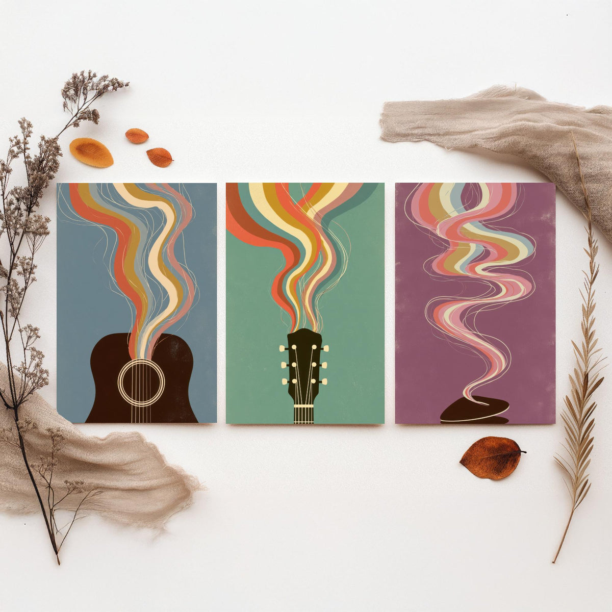 Acoustic Guitar Sound Hole, Headstock and Pick Set of Three Art Prints - Rainbow Guitar Poster - Retro Music Illustration