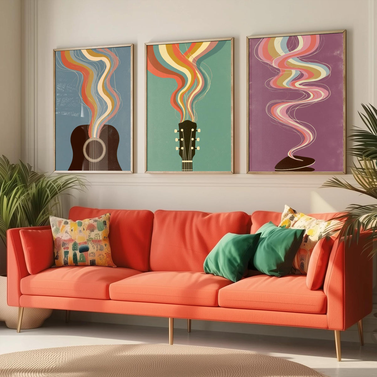 Acoustic Guitar Sound Hole, Headstock and Pick Set of Three Art Prints - Rainbow Guitar Poster - Retro Music Illustration